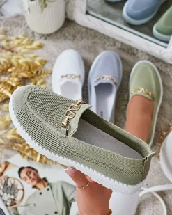 Espadryle Płaskie|Mokasyny Na Płaskiej Podeszwie^Royalfashion Damskie materiałowe mokasyny ze złotą ozdobą Erticae zielony