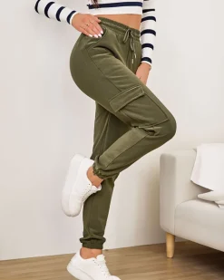 Spodnie Materiałowe^Royalfashion Damskie ocieplane spodnie typu bojówki zielony