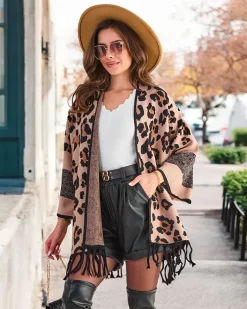 Swetry|Kurtki / Marynarki / Płaszcze^Royalfashion Damskie ponczo z printem brązowy