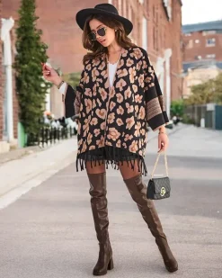 Swetry|Kurtki / Marynarki / Płaszcze^Royalfashion Damskie ponczo z printem jasny brązowy