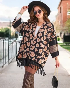 Swetry|Kurtki / Marynarki / Płaszcze^Royalfashion Damskie ponczo z printem jasny brązowy