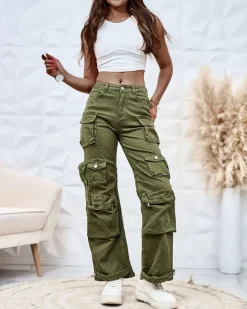 Spodnie Cargo|Jeansy^Royalfashion Damskie szerokie spodnie typu bojówki zielony