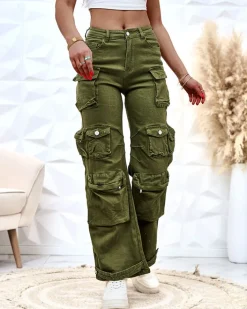 Spodnie Cargo|Jeansy^Royalfashion Damskie szerokie spodnie typu bojówki zielony