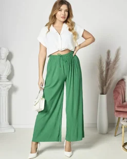 Spodnie Materiałowe^Royalfashion Damskie szerokie plisowane spodnie palazzo w m kolorze zielony
