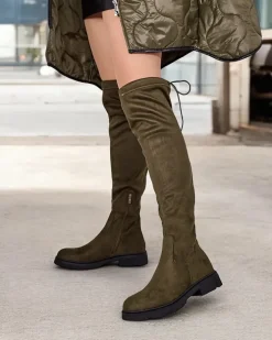 Kozaki Na Płaskim Obcasie|Kozaki Bez Ocieplenia^Royalfashion Damskie wsuwane kozaki za kolano Robus zielony