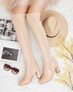 Kozaki Na Obcasie|Kozaki Bez Ocieplenia^Royalfashion Damskie wsuwane kozaki za kolano Nolera beżowy