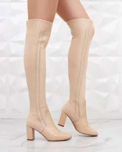 Kozaki Na Obcasie|Kozaki Bez Ocieplenia^Royalfashion Damskie wsuwane kozaki za kolano Nolera beżowy