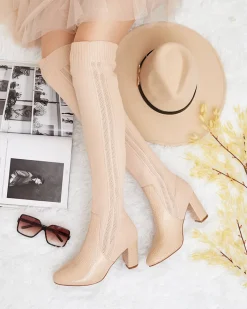 Kozaki Na Obcasie|Kozaki Bez Ocieplenia^Royalfashion Damskie wsuwane kozaki za kolano Nolera beżowy