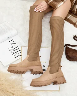 Kozaki Na Płaskim Obcasie|Kozaki Z Ociepleniem^Royalfashion Damskie wsuwane kozaki za kolano Senolel jasny brązowy