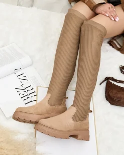 Kozaki Na Płaskim Obcasie|Kozaki Z Ociepleniem^Royalfashion Damskie wsuwane kozaki za kolano Senolel jasny brązowy