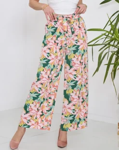 Spodnie Materiałowe^Royalfashion Damskie zielone spodnie typu palazzo z różowymi kwiatami zielony