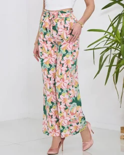 Spodnie Materiałowe^Royalfashion Damskie zielone spodnie typu palazzo z różowymi kwiatami zielony