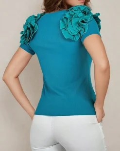 Bluzki / Koszule / Koszulki^Royalfashion Dopasowana damska prążkowana bluzka turkusowy