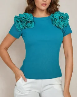 Bluzki / Koszule / Koszulki^Royalfashion Dopasowana damska prążkowana bluzka turkusowy