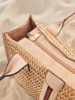 Wiklinowe I Słomiane^Royalfashion Duża słomiana torebka damska letnia z ozdobnym paskiem jasny brązowy