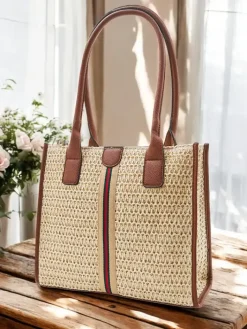 Wiklinowe I Słomiane^Royalfashion Duża słomiana torebka damska letnia z ozdobnym paskiem jasny brązowy