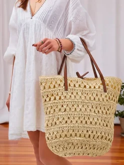 Wiklinowe I Słomiane^Royalfashion Duża słomiana torebka damska Natural Classic beżowy