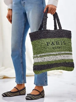 Wiklinowe I Słomiane^Royalfashion Duża słomiana torebka damska Paris Stripe czarny