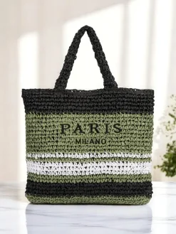 Wiklinowe I Słomiane^Royalfashion Duża słomiana torebka damska Paris Stripe czarny