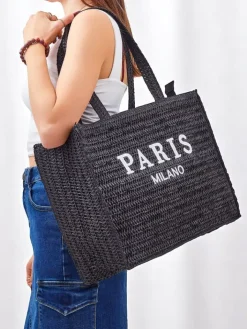 Wiklinowe I Słomiane^Royalfashion Duża słomiana torebka damska Paris Milano Large czarny