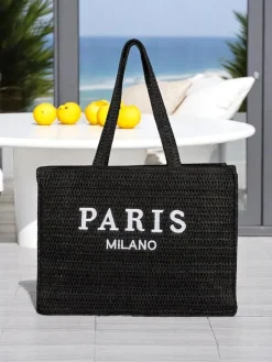 Wiklinowe I Słomiane^Royalfashion Duża słomiana torebka damska Paris Milano Large czarny