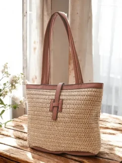 Wiklinowe I Słomiane^Royalfashion Duża słomiana torebka damska jasny brązowy