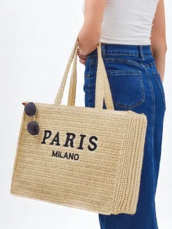 Wiklinowe I Słomiane^Royalfashion Duża słomiana torebka damska Paris Milano Large beżowy