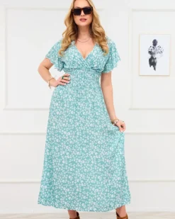 Sukienki Letnie|Sukienki Długie^Royalfashion Długa zielona damska sukienka z kwiecistym motywem zielony