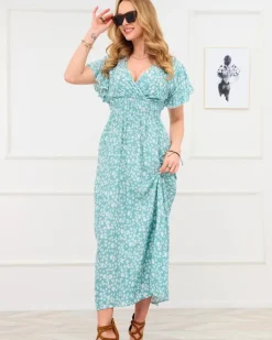 Sukienki Letnie|Sukienki Długie^Royalfashion Długa zielona damska sukienka z kwiecistym motywem zielony