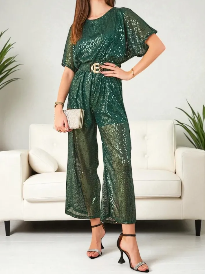 Kombinezony^Royalfashion Długi kombinezon damski z cekinami zielony