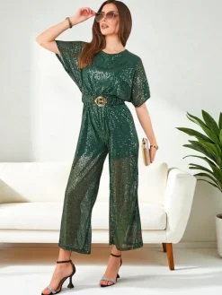 Kombinezony^Royalfashion Długi kombinezon damski z cekinami zielony