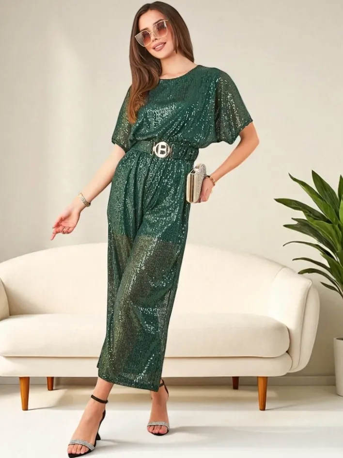 Kombinezony^Royalfashion Długi kombinezon damski z cekinami zielony