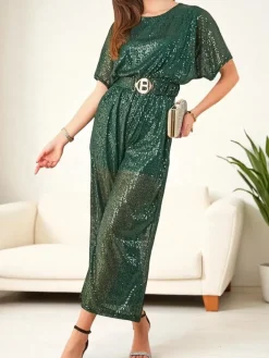 Kombinezony^Royalfashion Długi kombinezon damski z cekinami zielony