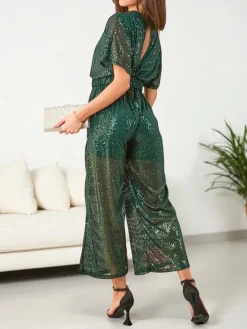 Kombinezony^Royalfashion Długi kombinezon damski z cekinami zielony