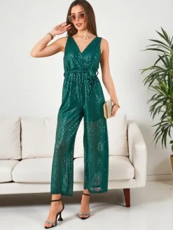 Kombinezony^Royalfashion Długi kombinezon damski z cekinami zielony