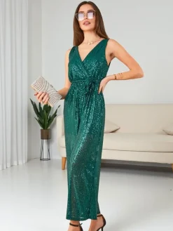 Kombinezony^Royalfashion Długi kombinezon damski z cekinami zielony
