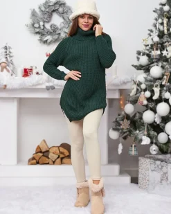 Swetry^Royalfashion Dłuższy damski sweter z golfem zielony