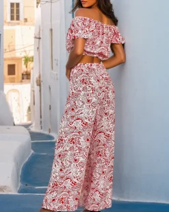 Komplety Damskie^Royalfashion Dwuczęściowy damski komplet z printem czerwony