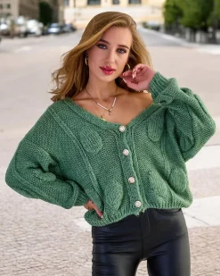 Swetry^Royalfashion Dzianinowy damski sweterek z guzikami zielony