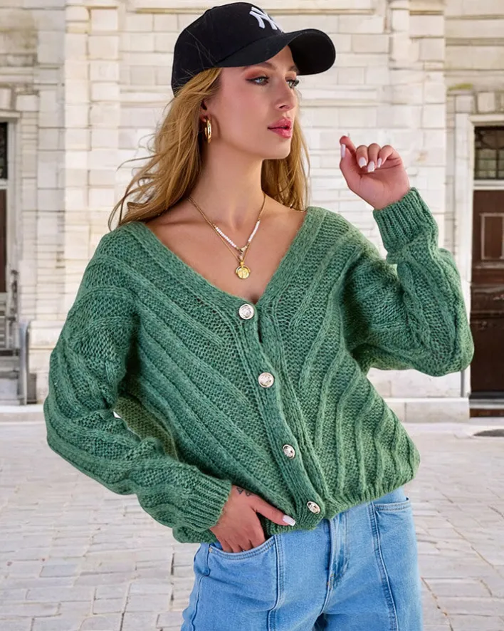 Swetry^Royalfashion Dzianinowy damski sweterek z guzikami zielony