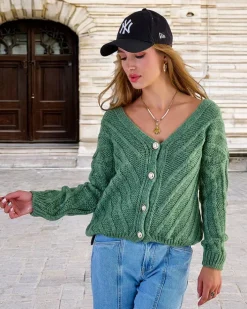 Swetry^Royalfashion Dzianinowy damski sweterek z guzikami zielony