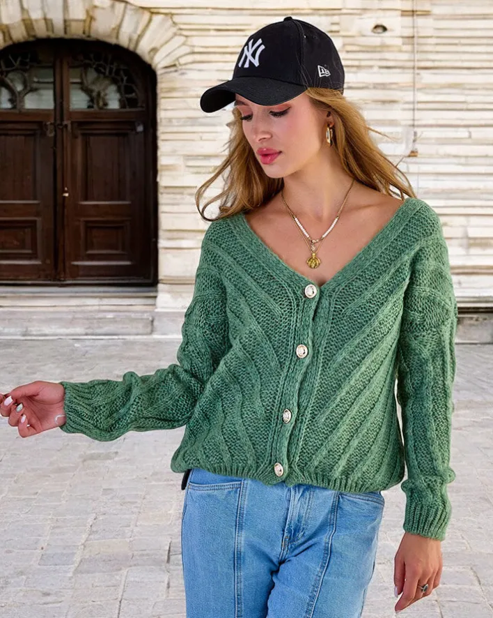 Swetry^Royalfashion Dzianinowy damski sweterek z guzikami zielony