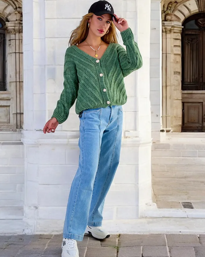 Swetry^Royalfashion Dzianinowy damski sweterek z guzikami zielony