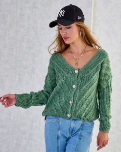 Swetry^Royalfashion Dzianinowy damski sweterek z guzikami zielony