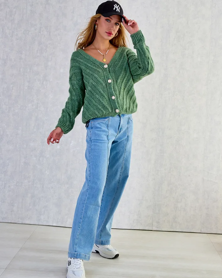 Swetry^Royalfashion Dzianinowy damski sweterek z guzikami zielony