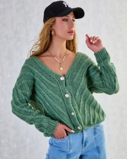 Swetry^Royalfashion Dzianinowy damski sweterek z guzikami zielony