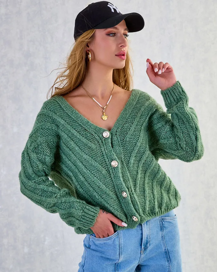 Swetry^Royalfashion Dzianinowy damski sweterek z guzikami zielony