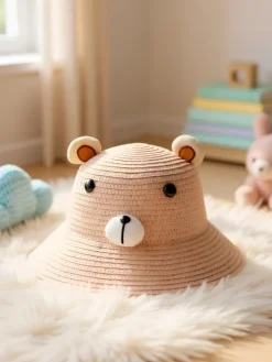 Czapki^Royalfashion Dziecięcy Kapelusz Słomkowy Miś różowy