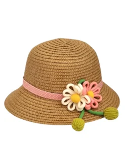 Czapki^Royalfashion Dziecięcy Kapelusz słomiany z kwiatuszkami Daisy Rose Camel