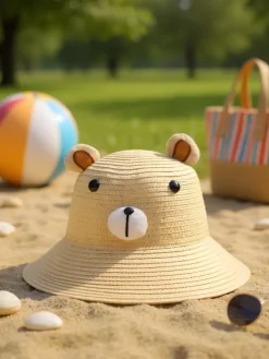 Czapki^Royalfashion Dziecięcy Kapelusz Słomkowy Miś beżowy